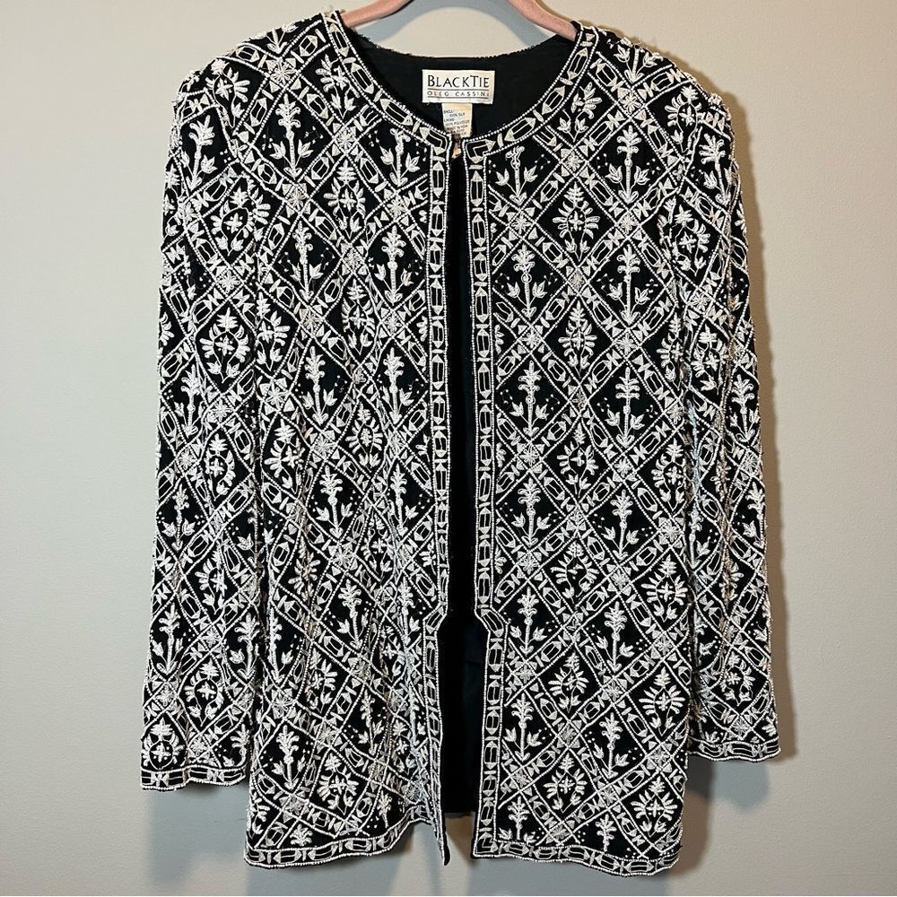 Oleg Cassini Black‎ Tie Silk Beaded Jacket Black White Large